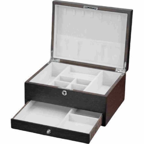 Joyero de Madera, 2 Pisos 25x18x12 cm. Con caja de regalo. Apliques Plata Laminada. - 08183-A